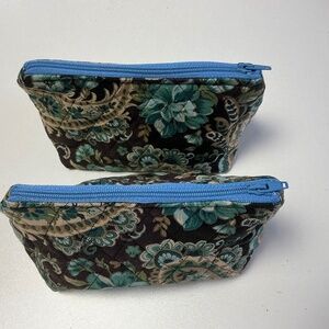 Hand Crafted Floral Cosmetic Bag Set - Blue and Brown